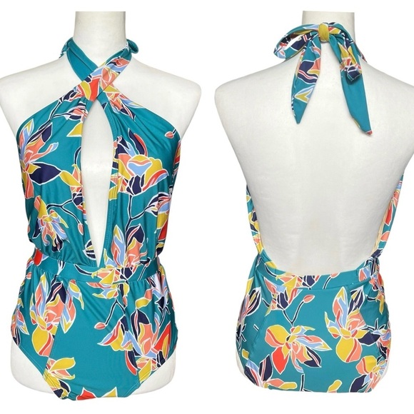 ModCloth Swimsuit Women’s Medium Teal Floral One Piece Bethany Halter Retro - Picture 14 of 14